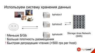 ! Меньше $/Gb
! Больше плотность размещения
! Быстрая деградация чтения (>500 rps per host)
bphotos2
bphotosN
Storage Area Network
(SAN)
bphotos1
Используем систему хранения данных
 