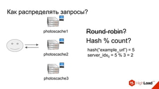 Как распределять запросы?
Round-robin?
Hash % count?
hash(“example_url”) = 5
server_idx0 = 5 % 3 = 2photoscache2
photoscache1
photoscache3
 
