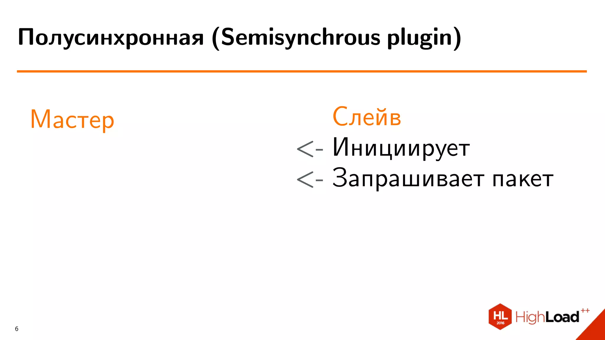 Мастер Слейв
<- Инициирует
<- Запрашивает пакет
Полусинхронная (Semisynchrous plugin)
6
 