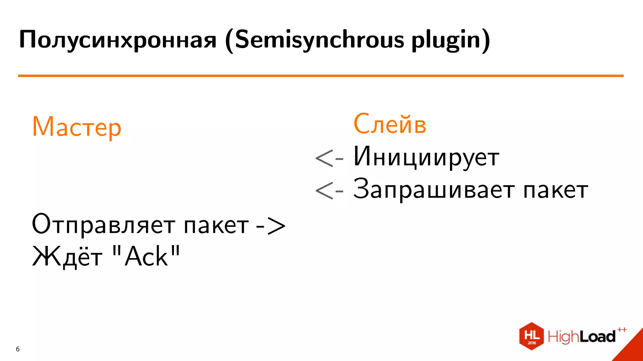 Мастер
Отправляет пакет ->
Ждёт "Ack"
Слейв
<- Инициирует
<- Запрашивает пакет
Полусинхронная (Semisynchrous plugin)
6
 