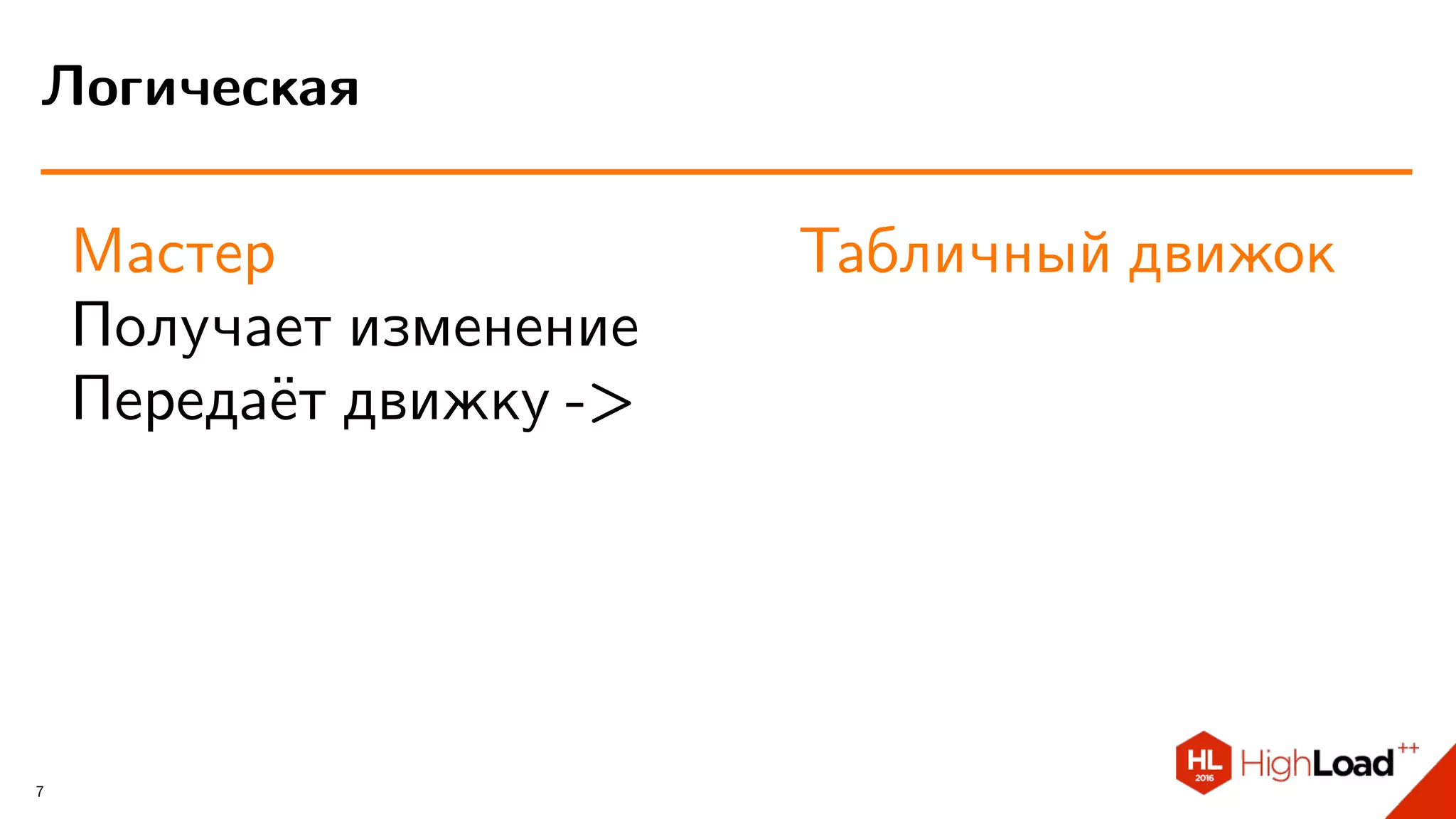 Мастер
Получает изменение
Передаёт движку ->
Табличный движок
Логическая
7
 