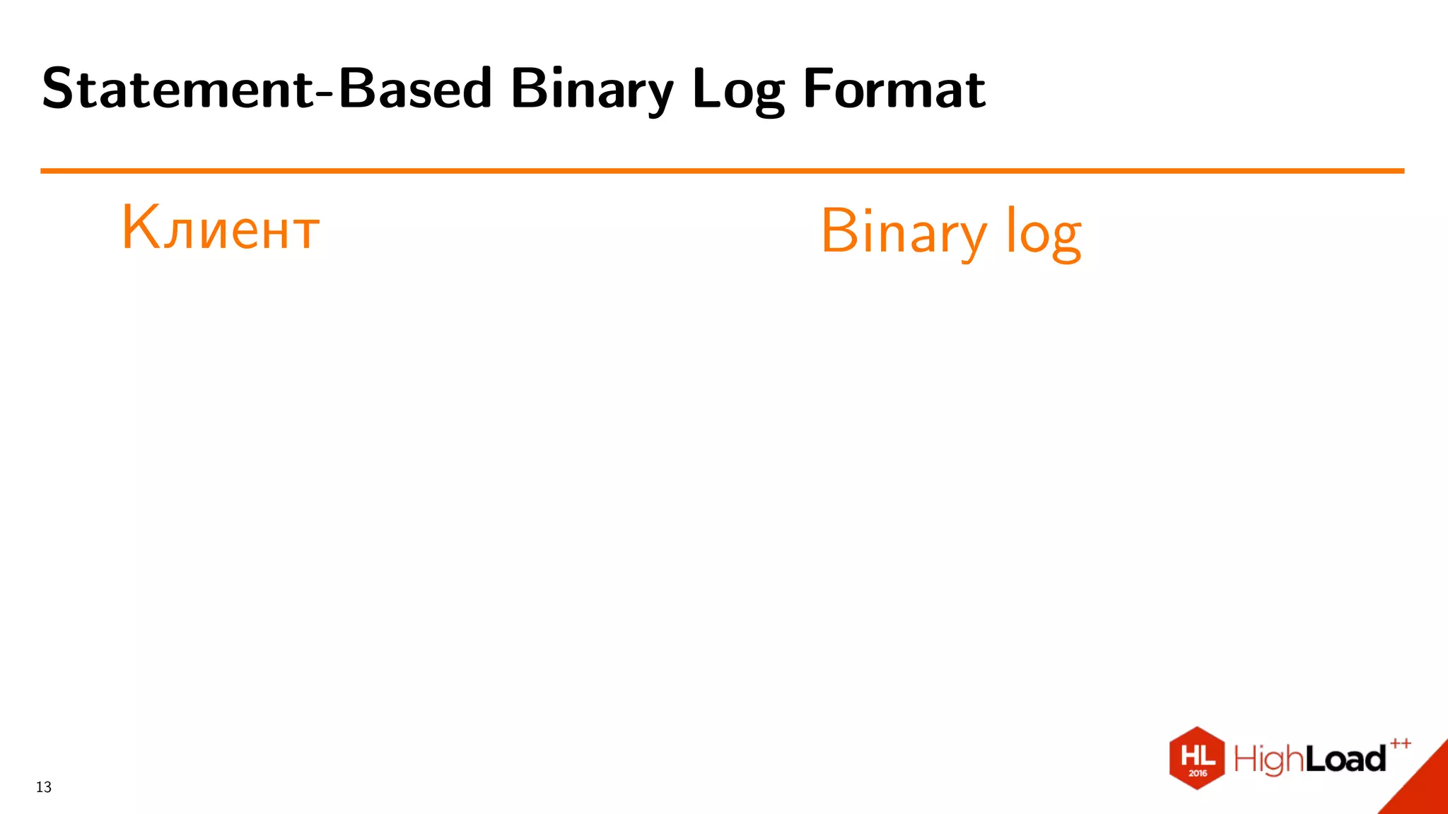 Клиент Binary log
Statement-Based Binary Log Format
13
 
