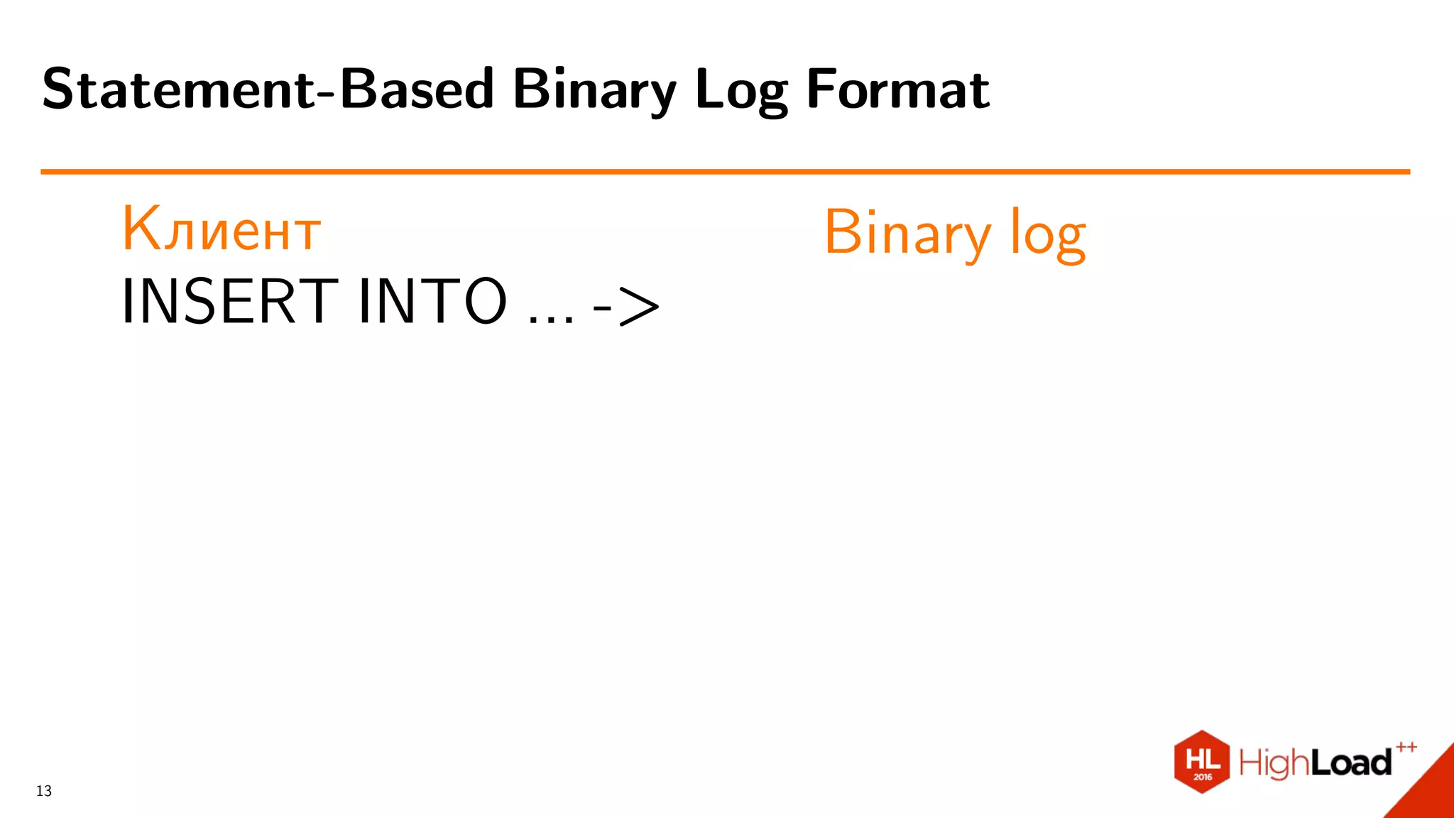 Клиент
INSERT INTO ... ->
Binary log
Statement-Based Binary Log Format
13
 
