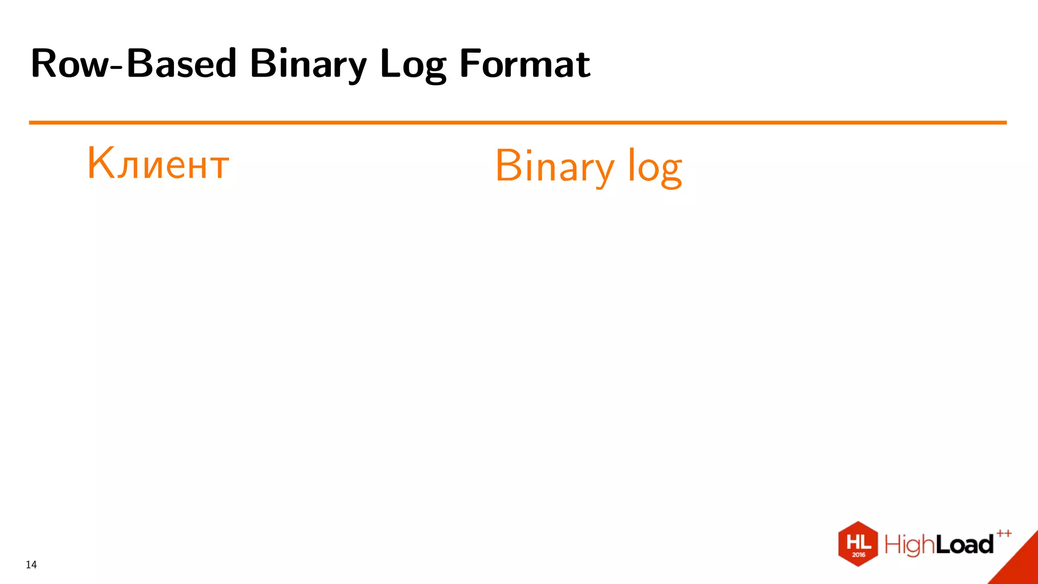 Клиент Binary log
Row-Based Binary Log Format
14
 