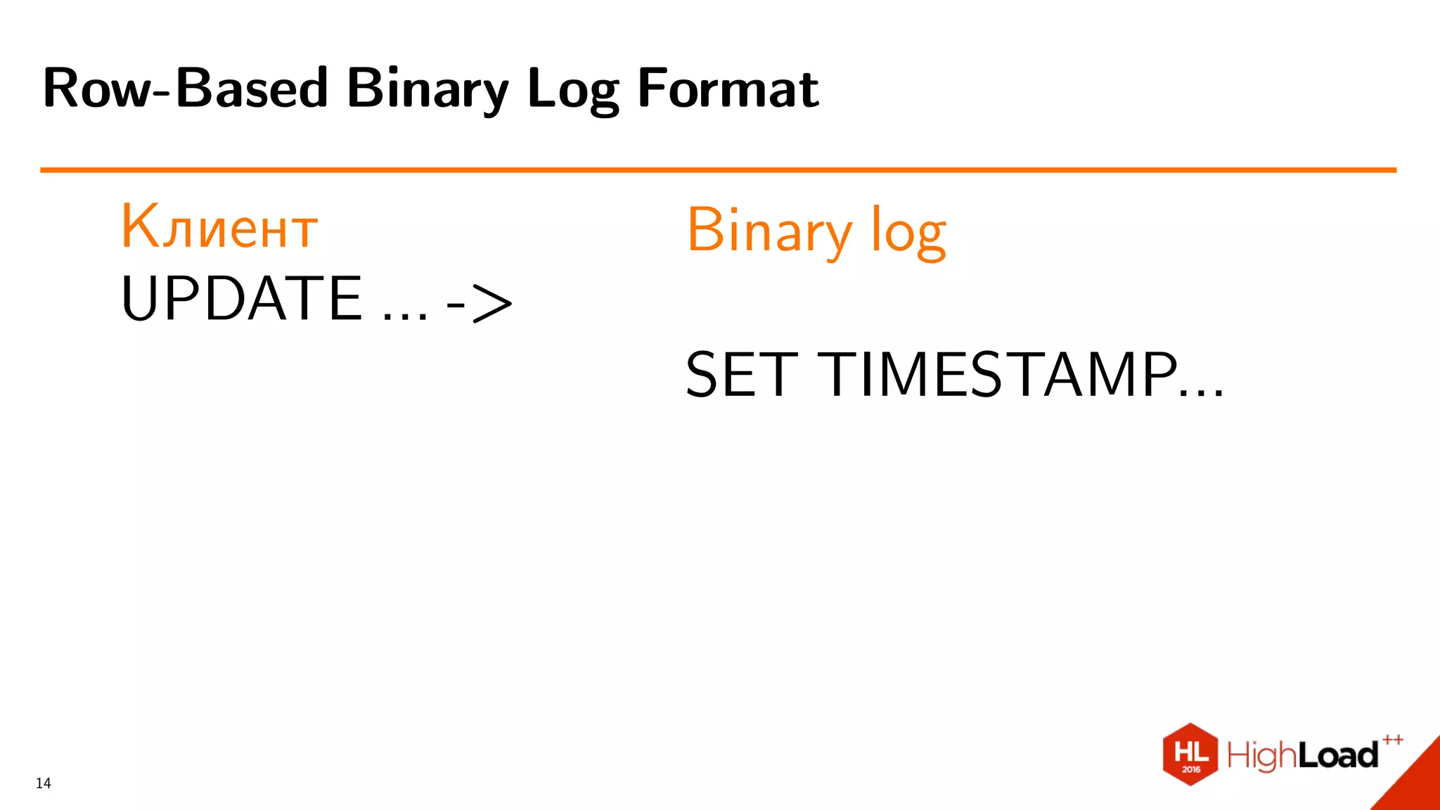Клиент
UPDATE ... ->
Binary log
SET TIMESTAMP...
Row-Based Binary Log Format
14
 