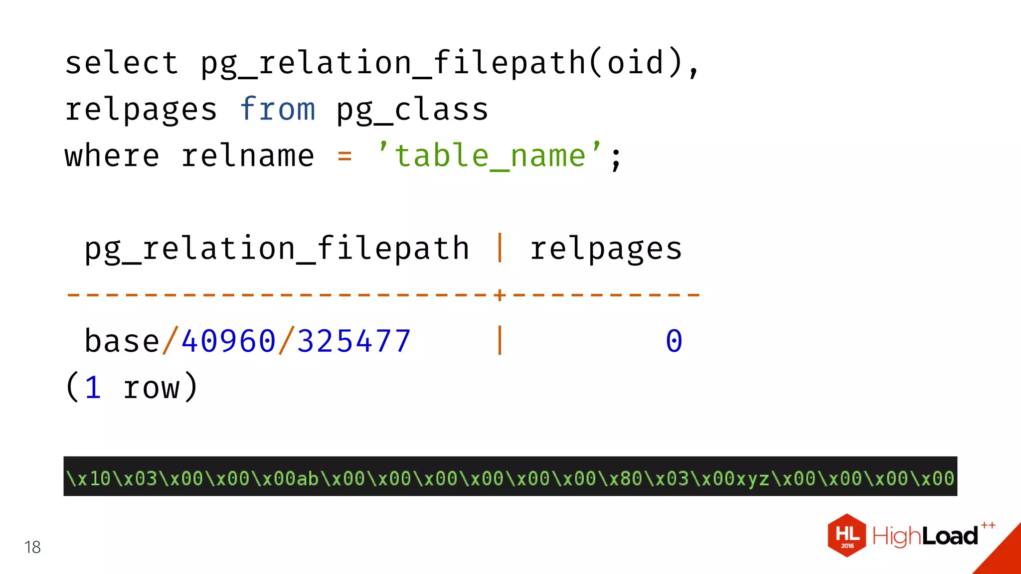 select pg_relation_filepath(oid),
relpages from pg_class
where relname = ’table_name’;
pg_relation_filepath | relpages
----------------------+----------
base/40960/325477 | 0
(1 row)
18
 
