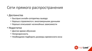 Сети прямого распространения
• Достоинства
• Быстрые онлайн-алгоритмы вывода
• Хорошо справляются с многомерными данными
• Хорошо описывают нелинейные зависимости
• Недостатки
• Долгое время обучения
• Непрозрачность
• Необходимо подбирать размеры временного окна
 