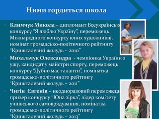  Климчук Микола – дипломант Всеукраїнського
конкурсу “Я люблю Україну”, переможець
Міжнародного конкурсу юних художників,
номінат громадсько-політичного рейтингу
“Кришталевий жолудь – 2010”
 Михальчук Олександра - чемпіонка України з
ушу, кандидат у майстри спорту, переможець
конкурсу “Дубно має таланти”, номінатка
громадсько-політичного рейтингу
“Кришталевий жолудь – 2011”
 Чигін Євгенія – неодноразовий переможець і
призер конкурсу “Юна зірка”, лідер комітету
учнівського самоврядування, номінатка
громадсько-політичного рейтингу
“Кришталевий жолудь – 2013”
Ними гордиться школа
 