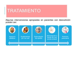 TRATAMIENTO
Algunas intervenciones apropiadas en pacientes con desnutrición
pueden ser:
Asesoría
dietética
Suplementos
por vía oral
Estimulación
del apetito
Alimentación a
través de una
sonda enteral
Nutrición
parenteral
 
