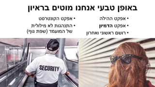 ©‫רוזן‬ ‫למורית‬ ‫שמורות‬ ‫הזכויות‬ ‫כל‬|morit@moritrozen.co.il
‫בראיון‬ ‫מוטים‬ ‫אנחנו‬ ‫טבעי‬ ‫באופן‬
•‫הקונטרסט‬ ‫אפקט‬
•‫מילולית‬ ‫לא‬ ‫התנהגות‬
‫המועמד‬ ‫של‬(‫גוף‬ ‫שפת‬)
•‫ההילה‬ ‫אפקט‬
•‫אפקט‬‫הדמיון‬
•‫ואחרון‬ ‫ראשוני‬ ‫רושם‬
 