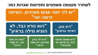 ©‫רוזן‬ ‫למורית‬ ‫שמורות‬ ‫הזכויות‬ ‫כל‬|morit@moritrozen.co.il
‫כמו‬ ‫שגויות‬ ‫ותפיסות‬ ‫משפטים‬ ‫מעצמנו‬ ‫לשחרר‬:
"‫מצוינים‬ ‫אנוש‬ ‫יחסי‬ ‫לה‬ ‫יש‬,‫השיחה‬
‫יופי‬ ‫זרמה‬"
"‫כבד‬ ‫נורא‬ ‫הוא‬,‫לא‬
‫בראיון‬ ‫מילה‬ ‫הוציא‬"
"‫מאד‬ ‫היה‬ ‫הוא‬
‫כנה‬,‫אומר‬ ‫זה‬
‫הרבה‬"
"‫ברק‬ ‫לה‬ ‫היה‬
‫בעיניים‬,‫אומר‬ ‫זה‬
‫הרבה‬"
"‫צנון‬ ‫היא‬.
‫בראיון‬ ‫ראיתי‬"
"‫שיעורי‬ ‫עשתה‬ ‫היא‬
‫בית‬,‫על‬ ‫מראה‬ ‫זה‬
‫מחויבות‬"
 