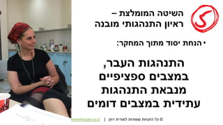 ©‫רוזן‬ ‫למורית‬ ‫שמורות‬ ‫הזכויות‬ ‫כל‬|morit@moritrozen.co.il
‫המומלצת‬ ‫השיטה‬–
‫מובנה‬ ‫התנהגותי‬ ‫ראיון‬
•‫המחקר‬ ‫מתוך‬ ‫יסוד‬ ‫הנחת‬:
‫העבר‬ ‫התנהגות‬,
‫ספציפיים‬ ‫במצבים‬
‫התנהגות‬ ‫מנבאת‬
‫דומים‬ ‫במצבים‬ ‫עתידית‬
 