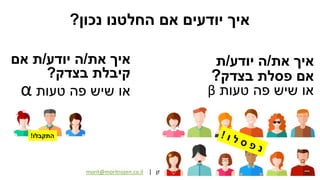 ©‫רוזן‬ ‫למורית‬ ‫שמורות‬ ‫הזכויות‬ ‫כל‬|morit@moritrozen.co.il
©‫רוזן‬ ‫למורית‬ ‫שמורות‬ ‫הזכויות‬ ‫כל‬
‫נכון‬ ‫החלטנו‬ ‫אם‬ ‫יודעים‬ ‫איך‬?
‫התקבלו‬!
‫את‬ ‫איך‬/‫יודע‬ ‫ה‬/‫אם‬ ‫ת‬
‫בצדק‬ ‫קיבלת‬?
‫טעות‬ ‫פה‬ ‫שיש‬ ‫או‬α
‫את‬ ‫איך‬/‫יודע‬ ‫ה‬/‫ת‬
‫בצדק‬ ‫פסלת‬ ‫אם‬?
‫טעות‬ ‫פה‬ ‫שיש‬ ‫או‬β
 