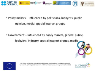 This project has received funding from the European Union’s Seventh Framework Programme
for research, technological development and demonstration under grant agreement No 643330
• Policy makers – Influenced by politicians, lobbyists, public
opinion, media, special interest groups
• Government – Influenced by policy makers, general public,
lobbyists, industry, special interest groups, media
 
