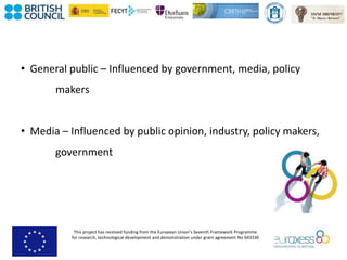 This project has received funding from the European Union’s Seventh Framework Programme
for research, technological development and demonstration under grant agreement No 643330
• General public – Influenced by government, media, policy
makers
• Media – Influenced by public opinion, industry, policy makers,
government
 