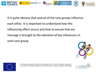 This project has received funding from the European Union’s Seventh Framework Programme
for research, technological development and demonstration under grant agreement No 643330
It is quite obvious that several of the core groups influence
each other. It is important to understand how this
influencing effect occurs and how to ensure that our
message is brought to the attention of key influencers in
each core group.
 