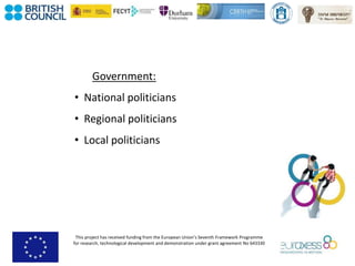 This project has received funding from the European Union’s Seventh Framework Programme
for research, technological development and demonstration under grant agreement No 643330
Government:
• National politicians
• Regional politicians
• Local politicians
 