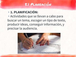 5.1 Planeación
▸1. PLANIFICACIÓN:
▸Actividades que se llevan a cabo para
buscar un tema, escoger un tipo de texto,
producir ideas, conseguir información, y
precisar la audiencia.
 