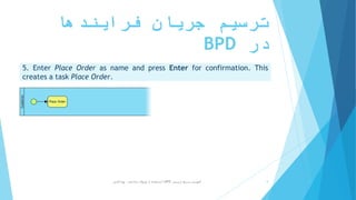 ‫فرایندها‬ ‫جریان‬ ‫ترسیم‬
‫در‬BPD
5. Enter Place Order as name and press Enter for confirmation. This
creates a task Place Order.
‫ترسیم‬ ‫سریع‬ ‫آموزش‬BPD‫پارادایم‬ ‫ویژوال‬ ‫از‬ ‫استفاده‬ ‫با‬-‫فانی‬ ‫پویا‬ 5
 
