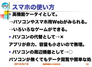 スマホの使い方
   高機能ケータイとして。
→パソコンやスマホ用Webがみられる。
→いろいろなゲームができる。
   パソコンの代替として→×
アプリが非力、容量も小さいので無理。
   パソコンの周辺機器として→○
パソコンが無くてもデータ閲覧や簡単な処
    2012/5/16   高度情報化と社会生活   33
 