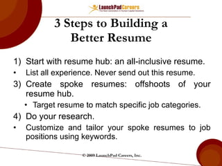 3 Steps to Building a Better Resume Start with resume hub: an all-inclusive resume. List all experience. Never send out this resume. Create spoke resumes: offshoots of your resume hub. Target resume to match specific job categories. Do your research. Customize and tailor your spoke resumes to job positions using keywords. © 2009 LaunchPad Careers, Inc. 