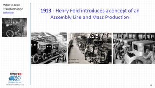 10Marek.Piatkowski@Rogers.com
What is Lean
Transformation
Definition
Thinkingwin, Win, WIN
1913 - Henry Ford introduces a concept of an
Assembly Line and Mass Production
 