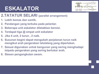 ESKALATOR
2.TATATUR SELARI (parallel arrangement)
1. Lebih kemas dan cantik.
2. Pandangan yang terbuka pada pelantar.
3. Beberapa unit eskalator diletakkan bersisi.
4. Terdapat tiga @ empat unit eskalator
5. Jika 4 unit, 2 turun , 2 naik.
6. Susunan begini dapat mengubah perjalanan turun naik
mengikut arah pergerakan lalulalang yang diperlukan.
7. Sesuai digunakan untuk bangunan yang sering menghadapi
isipadu pergerakan yang sering bertukar arah.
8. Stesen pengangkutan awam.
 