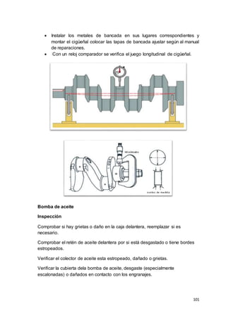 101
 Instalar los metales de bancada en sus lugares correspondientes y
montar el cigüeñal colocar las tapas de bancada ajustar según al manual
de reparaciones.
 Con un reloj comparador se verifica el juego longitudinal de cigüeñal.
Bomba de aceite
Inspección
Comprobar si hay grietas o daño en la caja delantera, reemplazar si es
necesario.
Comprobar el retén de aceite delantera por si está desgastado o tiene bordes
estropeados.
Verificar el colector de aceite esta estropeado, dañado o grietas.
Verificar la cubierta dela bomba de aceite, desgaste (especialmente
escalonadas) o dañados en contacto con los engranajes.
 