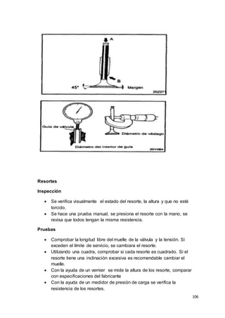 106
Resortes
Inspección
 Se verifica visualmente el estado del resorte, la altura y que no esté
torcido.
 Se hace una prueba manual, se presiona el resorte con la mano, se
revisa que todos tengan la misma resistencia.
Pruebas
 Comprobar la longitud libre del muelle de la válvula y la tensión. Si
exceden el límite de servicio, se cambiara el resorte.
 Utilizando una cuadra, comprobar si cada resorte es cuadrado. Si el
resorte tiene una inclinación excesiva es recomendable cambiar el
muelle.
 Con la ayuda de un vernier se mide la altura de los resorte, comparar
con especificaciones del fabricante
 Con la ayuda de un medidor de presión de carga se verifica la
resistencia de los resortes.
 