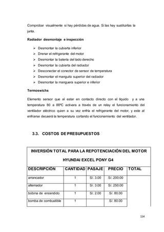 154
Comprobar visualmente si hay pérdidas de agua. Si las hay sustituirlas la
junta.
Radiador desmontaje e inspección
 Desmontar la cubierta inferior
 Drenar el refrigerante del motor
 Desmontar la batería del lado derecho
 Desmontar la cubierta del radiador
 Desconectar el conector de sensor de temperatura
 Desmontar el manguito superior del radiador
 Desmontar la manguera superior e inferior
Termoswichs
Elemento sensor que al estar en contacto directo con el líquido y a una
temperatura 80 a 88ºC activara a través de un relay el funcionamiento del
ventilador eléctrico quien a su vez enfría el refrigerante del motor, y este al
enfriarse decaerá la temperatura cortando el funcionamiento del ventilador.
3.3. COSTOS DE PRESUPUESTOS
INVERSIÓN TOTAL PARA LA REPOTENCIACIÓN DEL MOTOR
HYUNDAI EXCEL PONY G4
DESCRIPCIÓN CANTIDAD PASAJE PRECIO TOTAL
arrancador 1 S/. 3.00 S/. 200.00
alternador 1 S/. 3.00 S/. 250.00
bobina de encendido 1 S/. 2.00 S/. 80.00
bomba de combustible 1 S/. 80.00
 