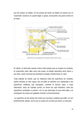 24
que las piezas se dilaten. Si las piezas del motor se dilatan en exceso por un
rozamiento excesivo se puede llegar a gripar, provocando una grave avería en
el motor.
Al utilizar un lubricante (aceite motor) entre piezas que se mueven en contacto,
el rozamiento entre ellas será más suave, el trabajo absorbido será menor y,
por tanto, serán menores las pérdidas la energía transformada en calor.
Esta película de aceite, que se interpone entre las superficies de contacto,
queda dividida en tres capas; dos de ellas se adhieren por capilaridad a las
superficies metálicas que impregnan, mientras la tercera capa, o capa
intermedia, hace de cojinete común, en forma de cojín hidráulico, entre las
superficies sometidas a presión, con lo que disminuye el roce entre ellas y se
amortiguan los ruidos por golpeteo durante su funcionamiento.
La superficie de las piezas del motor por muy lisas y pulidas que estén, no son
perfectamente planas, por lo que no queda otro remedio que utilizar un lubricante.
 