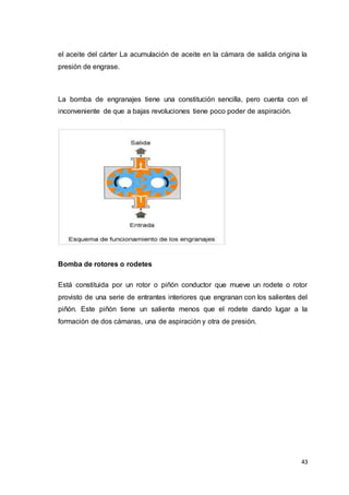43
el aceite del cárter La acumulación de aceite en la cámara de salida origina la
presión de engrase.
La bomba de engranajes tiene una constitución sencilla, pero cuenta con el
inconveniente de que a bajas revoluciones tiene poco poder de aspiración.
Bomba de rotores o rodetes
Está constituida por un rotor o piñón conductor que mueve un rodete o rotor
provisto de una serie de entrantes interiores que engranan con los salientes del
piñón. Este piñón tiene un saliente menos que el rodete dando lugar a la
formación de dos cámaras, una de aspiración y otra de presión.
 