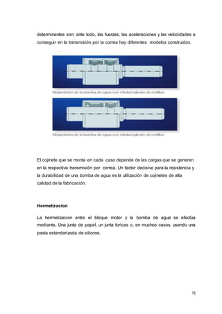 71
determinantes son: ante todo, las fuerzas, las aceleraciones y las velocidades a
conseguir en la transmisión por la correa hay diferentes modelos construidos.
El cojinete que se monta en cada caso depende de las cargas que se generen
en la respectiva transmisión por correa. Un factor decisivo para la resistencia y
la durabilidad de una bomba de agua es la utilización de cojinetes de alta
calidad de la fabricación.
Hermetizacion
La hermetizacion entre el bloque motor y la bomba de agua se efectúa
mediante. Una junta de papel, un junta toricas o, en muchos casos, usando una
pasta estandarizada de silicona.
 