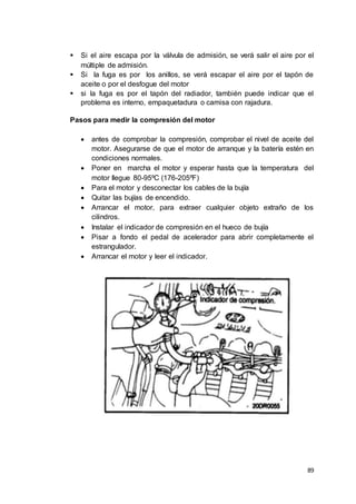 89
 Si el aire escapa por la válvula de admisión, se verá salir el aire por el
múltiple de admisión.
 Si la fuga es por los anillos, se verá escapar el aire por el tapón de
aceite o por el desfogue del motor
 si la fuga es por el tapón del radiador, también puede indicar que el
problema es interno, empaquetadura o camisa con rajadura.
Pasos para medir la compresión del motor
 antes de comprobar la compresión, comprobar el nivel de aceite del
motor. Asegurarse de que el motor de arranque y la batería estén en
condiciones normales.
 Poner en marcha el motor y esperar hasta que la temperatura del
motor llegue 80-95ºC (176-205ºF)
 Para el motor y desconectar los cables de la bujía
 Quitar las bujías de encendido.
 Arrancar el motor, para extraer cualquier objeto extraño de los
cilindros.
 Instalar el indicador de compresión en el hueco de bujía
 Pisar a fondo el pedal de acelerador para abrir completamente el
estrangulador.
 Arrancar el motor y leer el indicador.
 