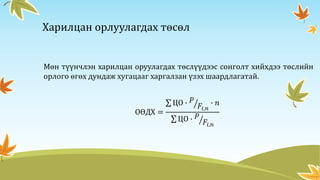 Харилцан орлуулагдах төсөл
Мөн түүнчлэн харилцан оруулагдах төслүүдээс сонголт хийхдээ төслийн
орлого өгөх дундаж хугацааг харгалзан үзэх шаардлагатай.
ОӨДХ =
ЦО ∙ 𝑃
𝐹𝑖,𝑛
∙ 𝑛
ЦО ∙ 𝑃
𝐹𝑖,𝑛
 