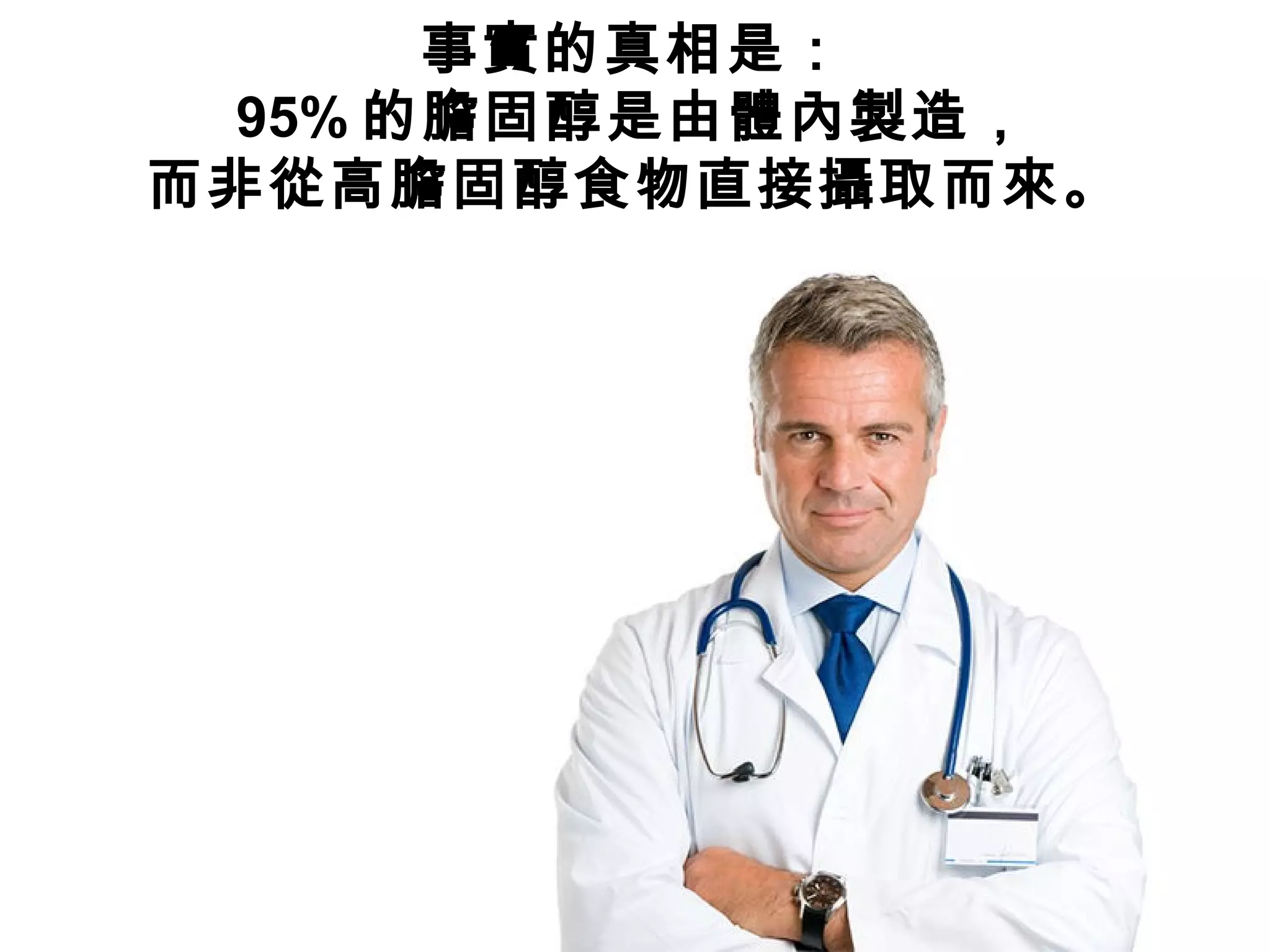 事實的真相是：
95% 的膽固醇是由體內製造，
而非從高膽固醇食物直接攝取而來。
 