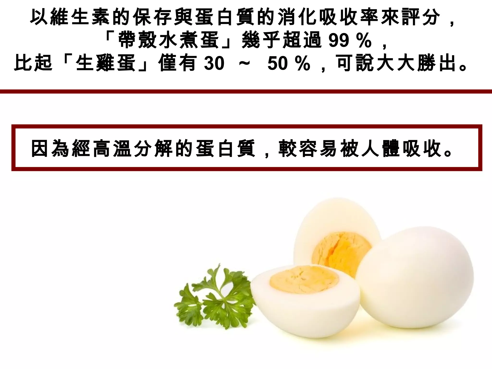 以維生素的保存與蛋白質的消化吸收率來評分，
「帶殼水煮蛋」幾乎超過 99 ％，
比起「生雞蛋」僅有 30 ～ 50 ％，可說大大勝出。
因為經高溫分解的蛋白質，較容易被人體吸收。
 