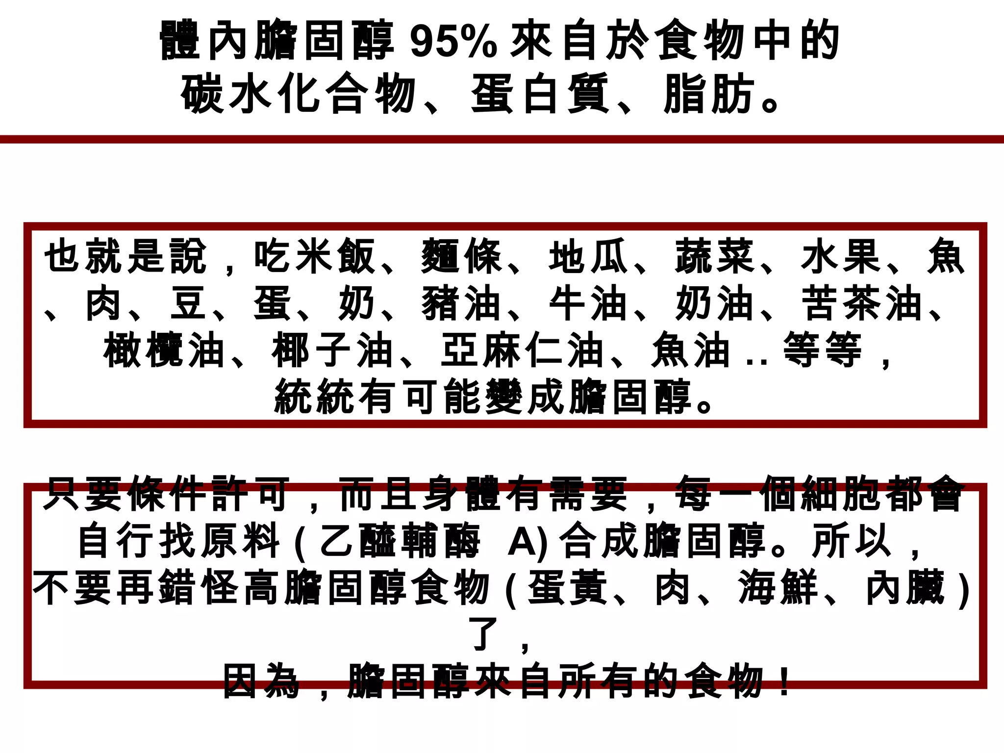 體內膽固醇 95% 來自於食物中的
碳水化合物、蛋白質、脂肪。
也就是說，吃米飯、麵條、地瓜、蔬菜、水果、魚
、肉、豆、蛋、奶、豬油、牛油、奶油、苦茶油、
橄欖油、椰子油、亞麻仁油、魚油 .. 等等，
統統有可能變成膽固醇。
只要條件許可，而且身體有需要，每一個細胞都會
自行找原料 ( 乙醯輔酶 A) 合成膽固醇。所以，
不要再錯怪高膽固醇食物 ( 蛋黃、肉、海鮮、內臟 )
了，
因為，膽固醇來自所有的食物 !
 