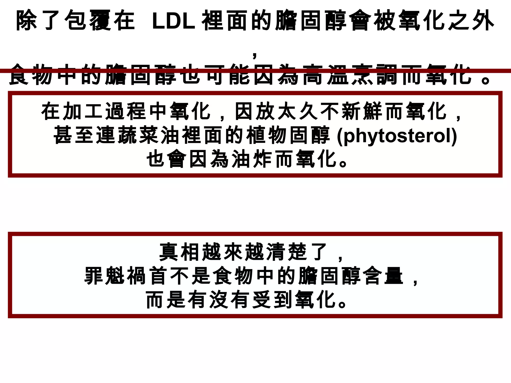 除了包覆在 LDL 裡面的膽固醇會被氧化之外
，
食物中的膽固醇也可能因為高溫烹調而氧化 。
在加工過程中氧化，因放太久不新鮮而氧化，
甚至連蔬菜油裡面的植物固醇 (phytosterol)
也會因為油炸而氧化。
真相越來越清楚了，
罪魁禍首不是食物中的膽固醇含量，
而是有沒有受到氧化。
 