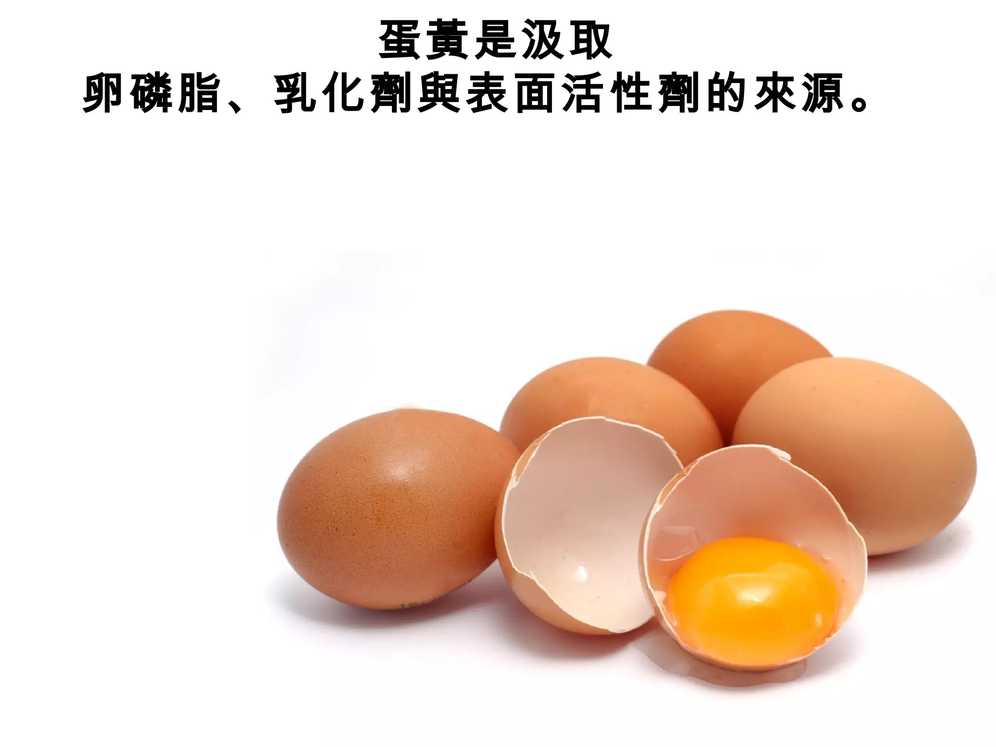 蛋黃是汲取
卵磷脂、乳化劑與表面活性劑的來源。
 