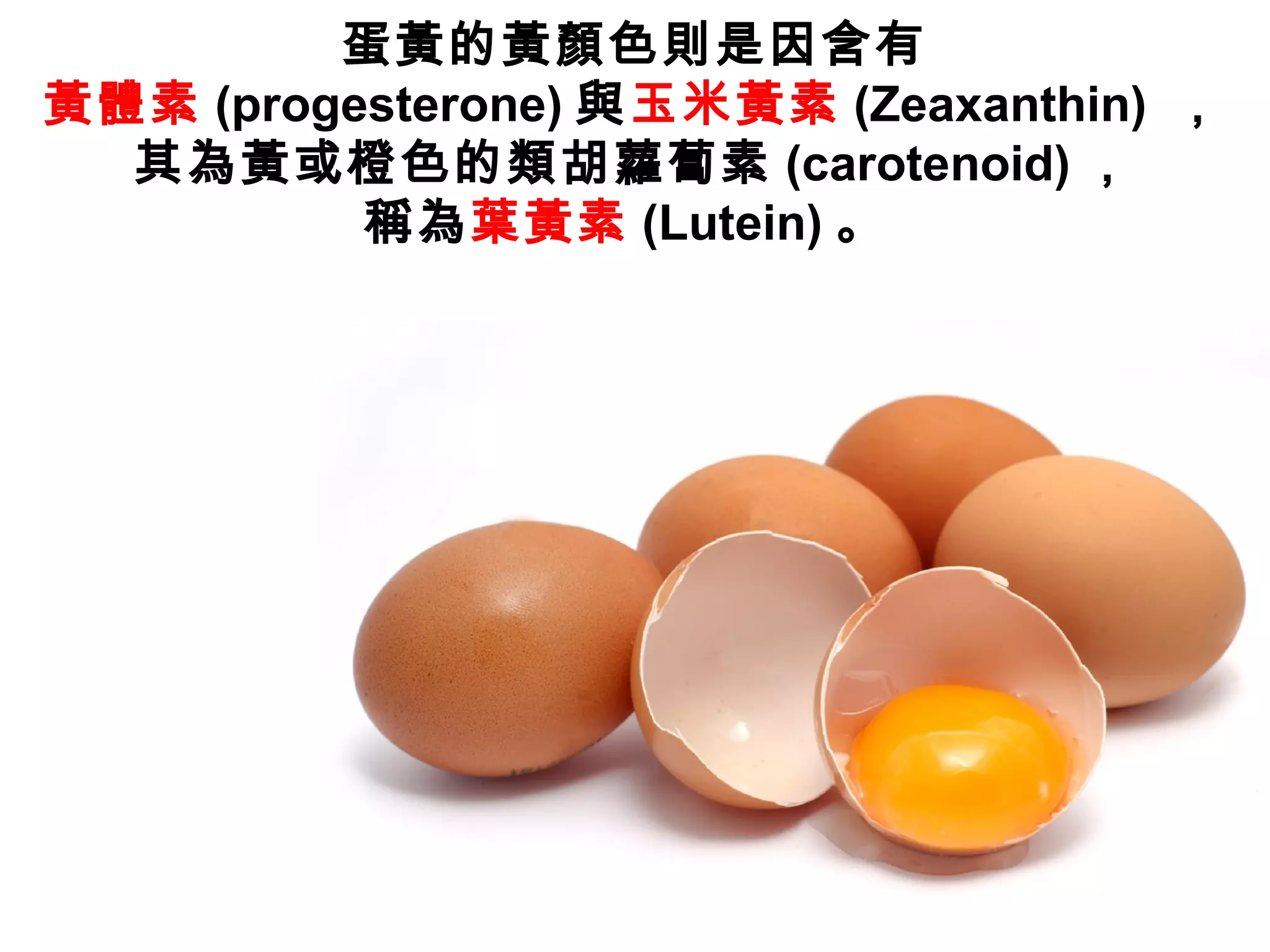 蛋黃的黃顏色則是因含有
黃體素 (progesterone) 與玉米黃素 (Zeaxanthin) ，
其為黃或橙色的類胡蘿蔔素 (carotenoid) ，
稱為葉黃素 (Lutein) 。
 