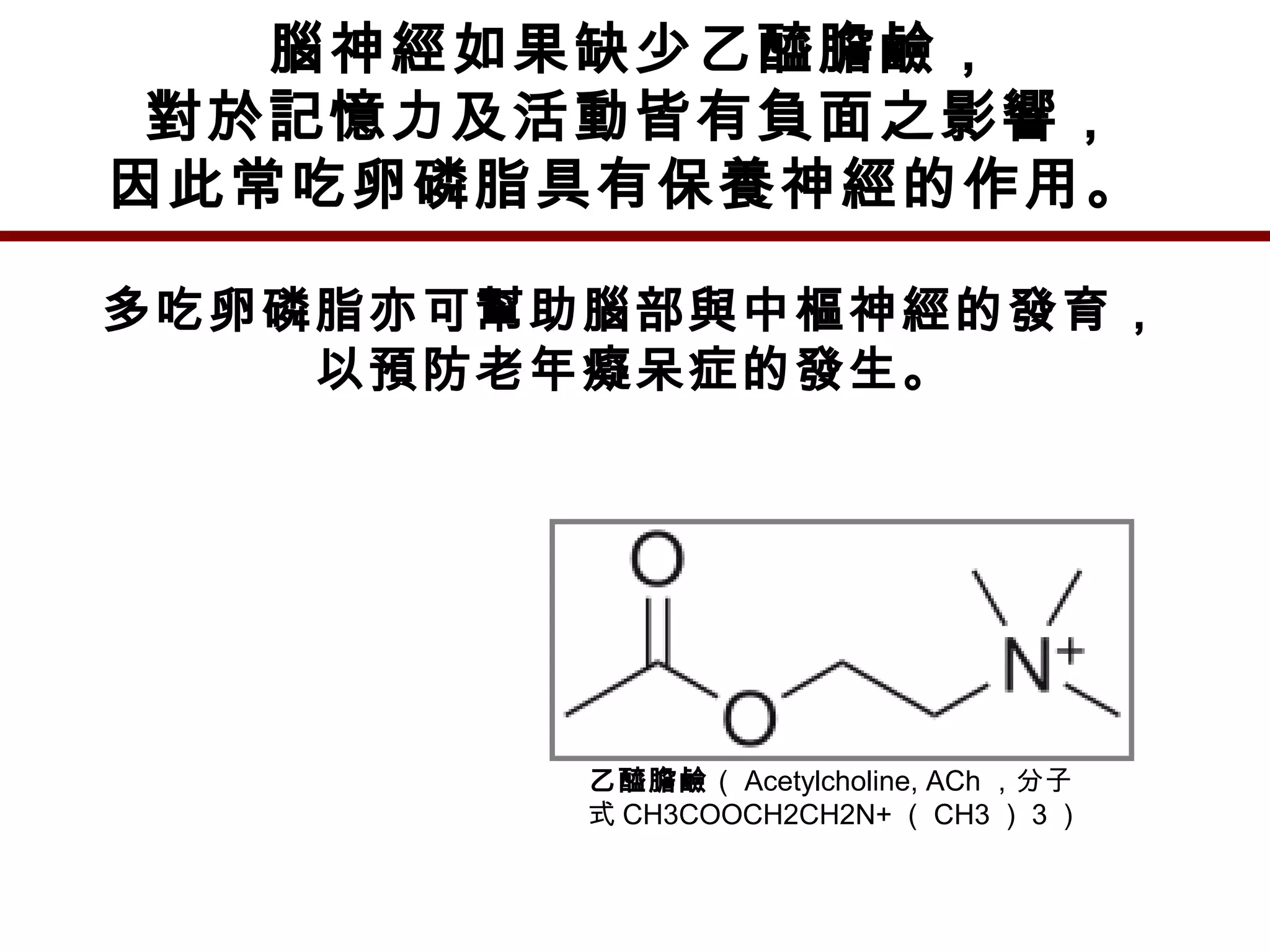 多吃卵磷脂亦可幫助腦部與中樞神經的發育，
以預防老年癡呆症的發生。
腦神經如果缺少乙醯膽鹼，
對於記憶力及活動皆有負面之影響，
因此常吃卵磷脂具有保養神經的作用。
乙醯膽鹼（ Acetylcholine, ACh ，分子
式 CH3COOCH2CH2N+ （ CH3 ） 3 ）
 