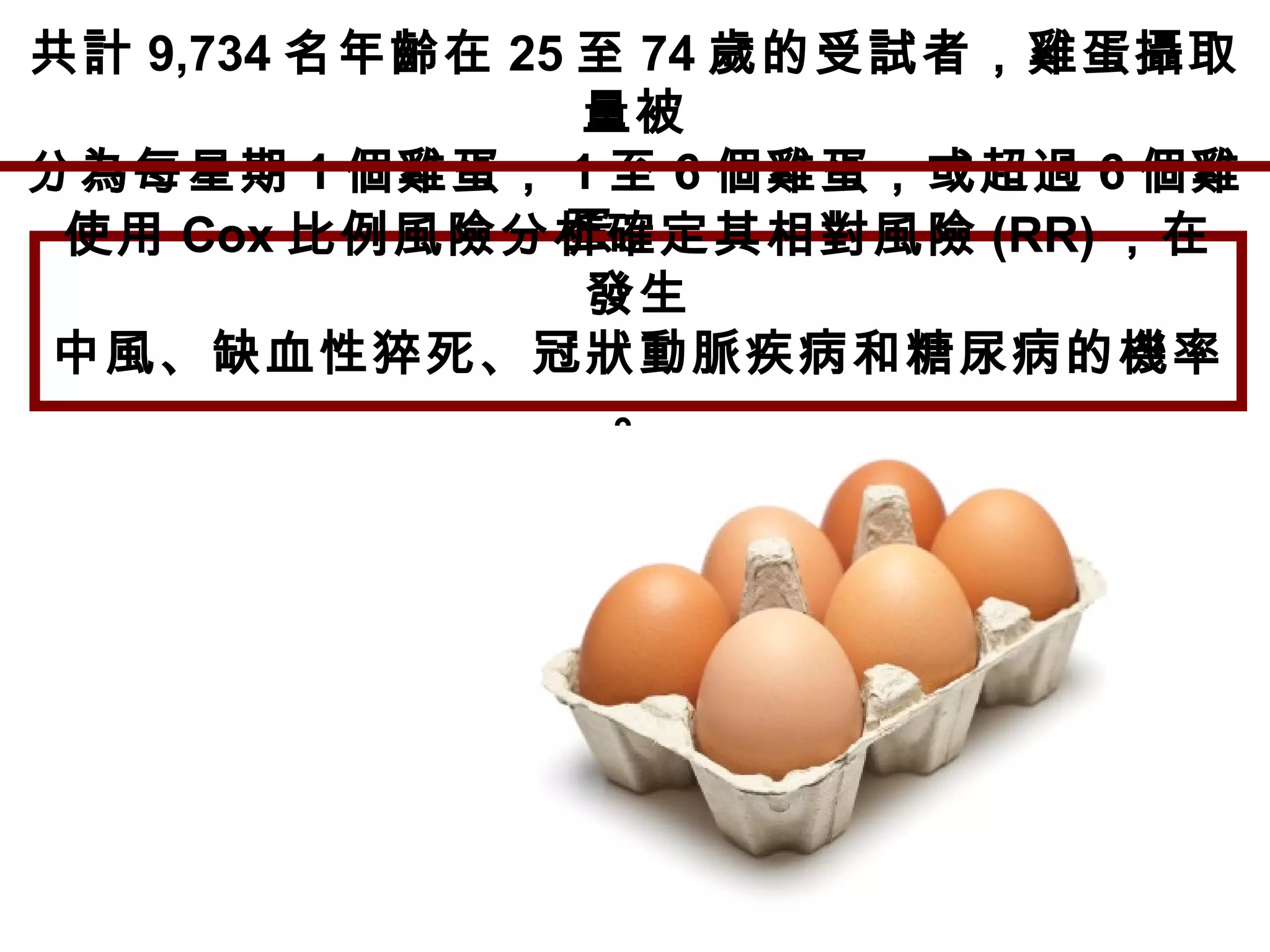 共計 9,734 名年齡在 25 至 74 歲的受試者，雞蛋攝取
量被
分為每星期 1 個雞蛋， 1 至 6 個雞蛋，或超過 6 個雞
蛋。使用 Cox 比例風險分析確定其相對風險 (RR) ，在
發生
中風、缺血性猝死、冠狀動脈疾病和糖尿病的機率
。
 