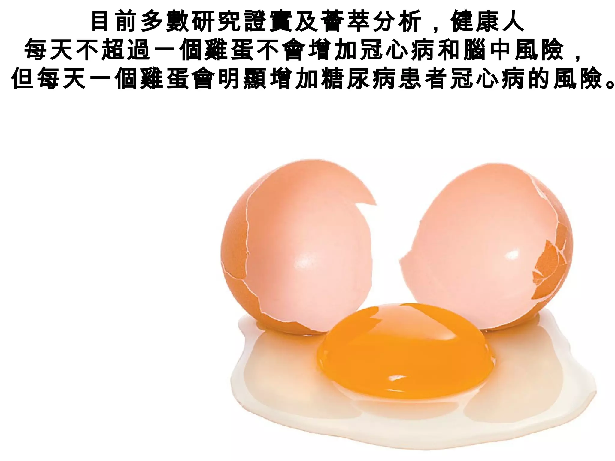 目前多數研究證實及薈萃分析，健康人
每天不超過一個雞蛋不會增加冠心病和腦中風險，
但每天一個雞蛋會明顯增加糖尿病患者冠心病的風險。
 