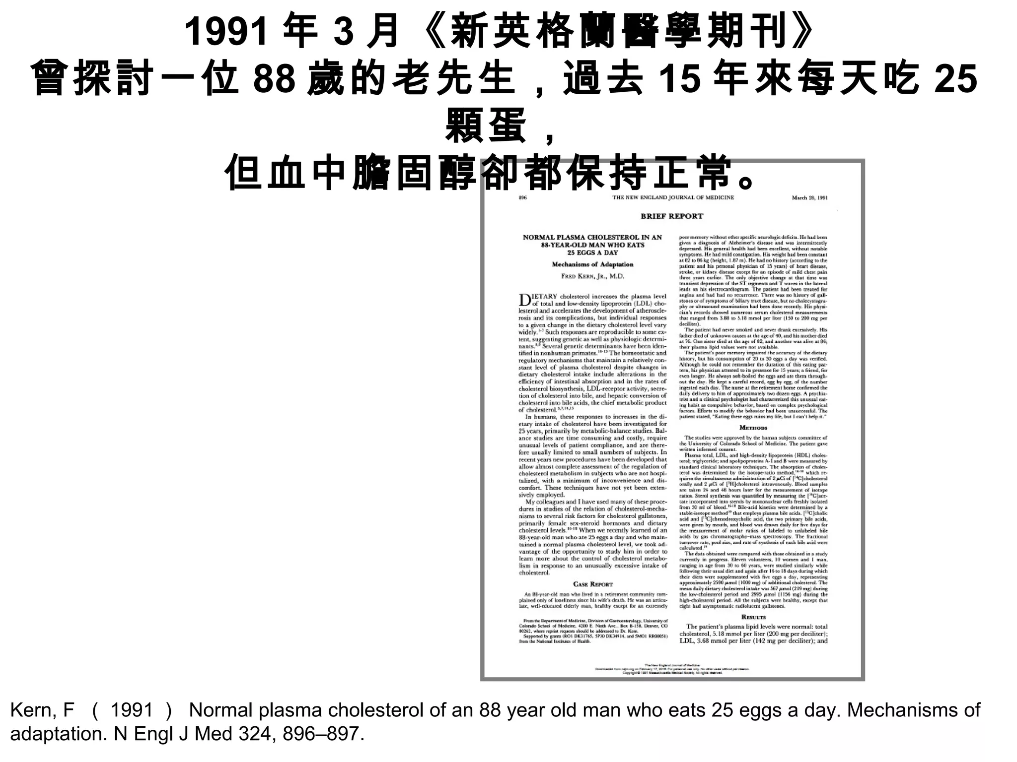 Kern, F （ 1991 ） Normal plasma cholesterol of an 88 year old man who eats 25 eggs a day. Mechanisms of
adaptation. N Engl J Med 324, 896–897.
1991 年 3 月《新英格蘭醫學期刊》
曾探討一位 88 歲的老先生，過去 15 年來每天吃 25
顆蛋，
但血中膽固醇卻都保持正常。
 