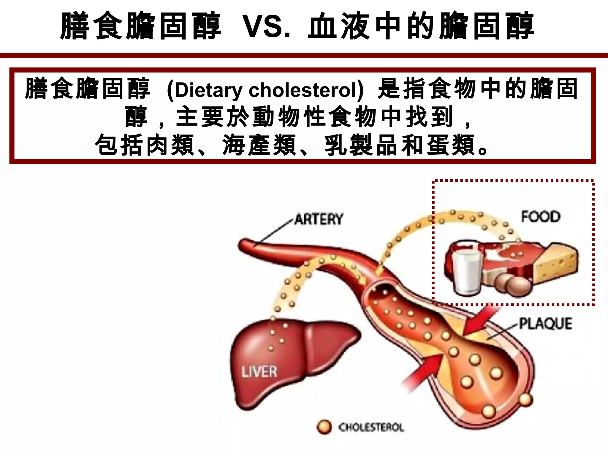 膳食膽固醇  VS. 血液中的膽固醇
膳食膽固醇  (Dietary cholesterol) 是指食物中的膽固
醇，主要於動物性食物中找到，
包括肉類、海產類、乳製品和蛋類。
 