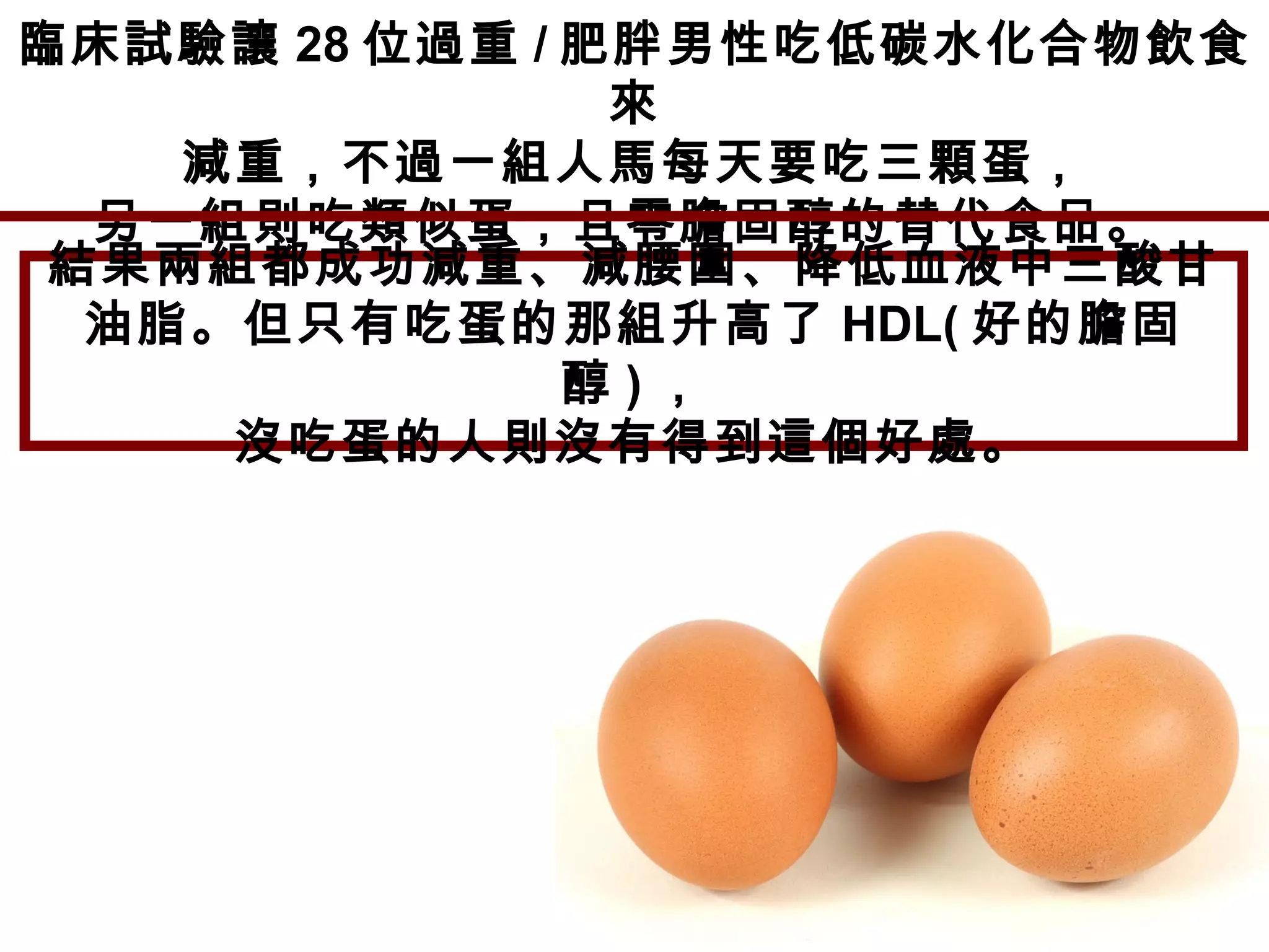 臨床試驗讓 28 位過重 / 肥胖男性吃低碳水化合物飲食
來
減重，不過一組人馬每天要吃三顆蛋，
另一組則吃類似蛋，且零膽固醇的替代食品。
結果兩組都成功減重、減腰圍、降低血液中三酸甘
油脂。但只有吃蛋的那組升高了 HDL( 好的膽固
醇 ) ，
沒吃蛋的人則沒有得到這個好處。
 