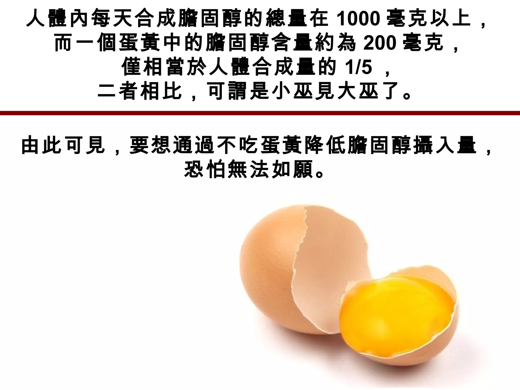 人體內每天合成膽固醇的總量在 1000 毫克以上，
而一個蛋黃中的膽固醇含量約為 200 毫克，
僅相當於人體合成量的 1/5 ，
二者相比，可謂是小巫見大巫了。
由此可見，要想通過不吃蛋黃降低膽固醇攝入量，
恐怕無法如願。
 