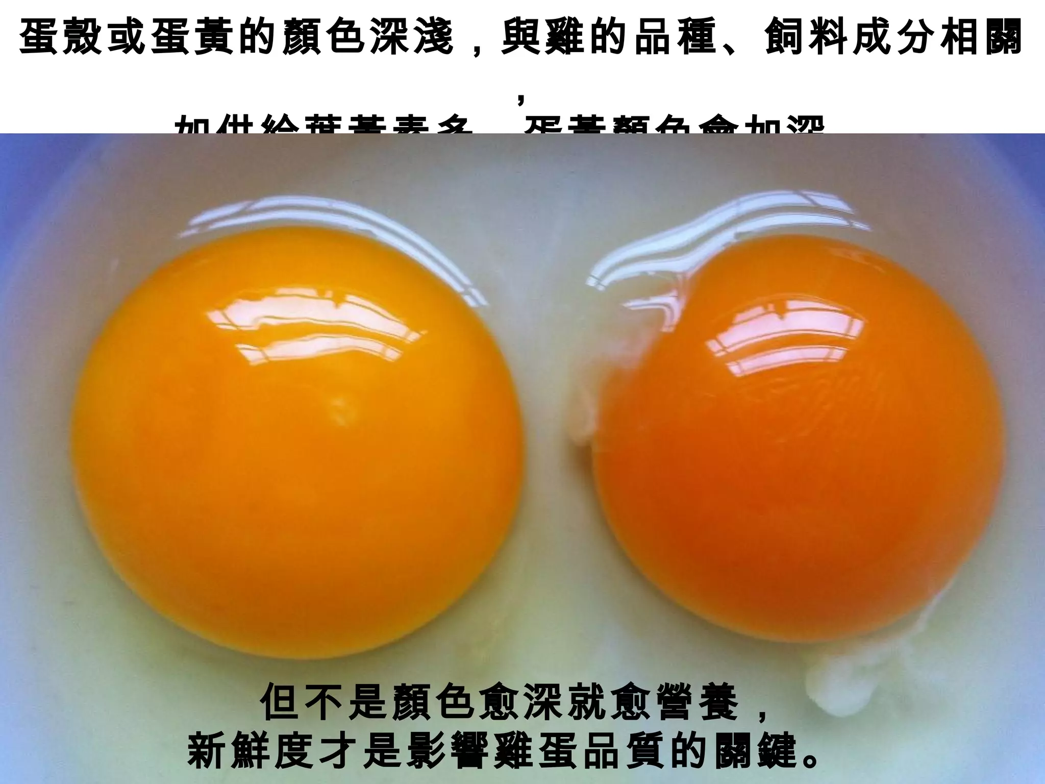 蛋殼或蛋黃的顏色深淺，與雞的品種、飼料成分相關
，
如供給葉黃素多，蛋黃顏色會加深。
但不是顏色愈深就愈營養，
新鮮度才是影響雞蛋品質的關鍵。
 