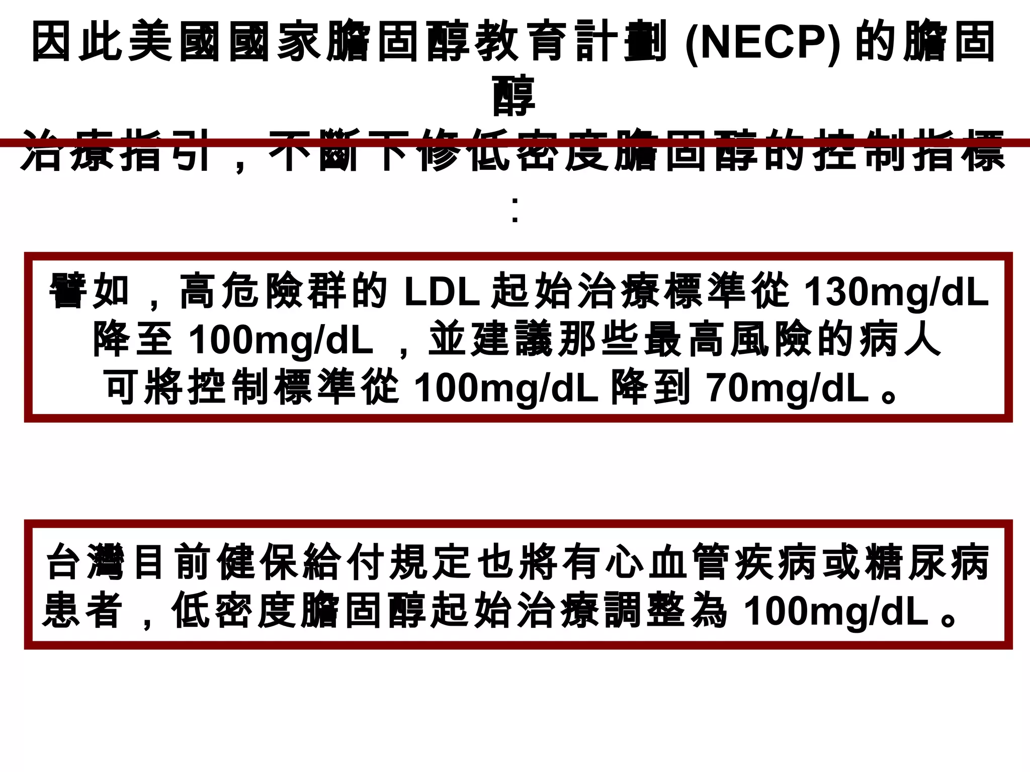 因此美國國家膽固醇教育計劃 (NECP) 的膽固
醇
治療指引，不斷下修低密度膽固醇的控制指標
：
譬如，高危險群的 LDL 起始治療標準從 130mg/dL
降至 100mg/dL ，並建議那些最高風險的病人
可將控制標準從 100mg/dL 降到 70mg/dL 。
台灣目前健保給付規定也將有心血管疾病或糖尿病
患者，低密度膽固醇起始治療調整為 100mg/dL 。
 